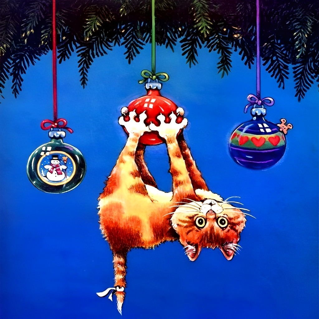 Omgekeerde Kat onder Kerstversiering Diamond Painting