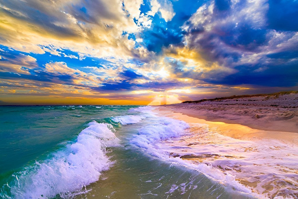 Ontspannende Zon, Wolken en Golven aan de Kust Diamond Painting