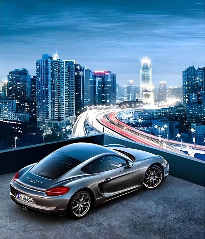 Opvallende Auto en Glimmende Stadshorizon Diamond Painting
