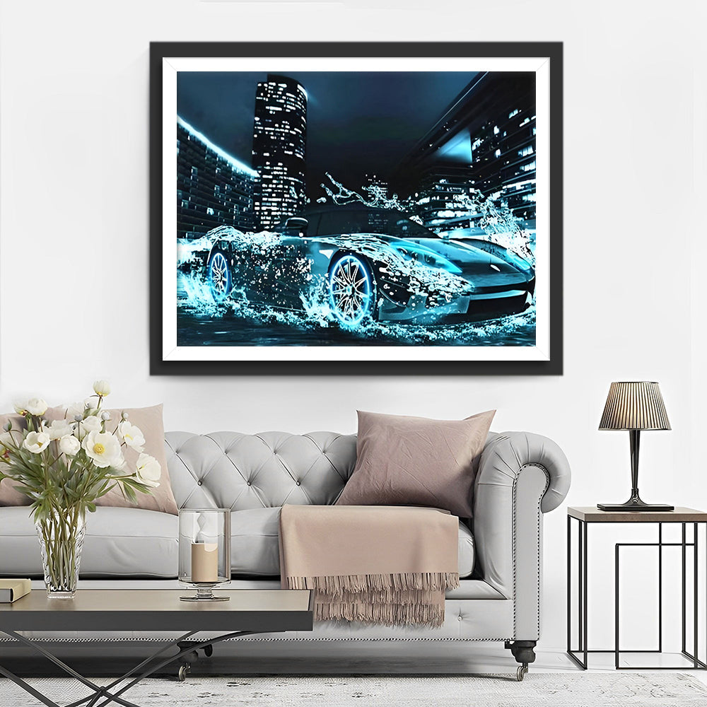 Opvallende Sportwagen met Waterspetters Tegen Stadsgebouw Diamond Painting