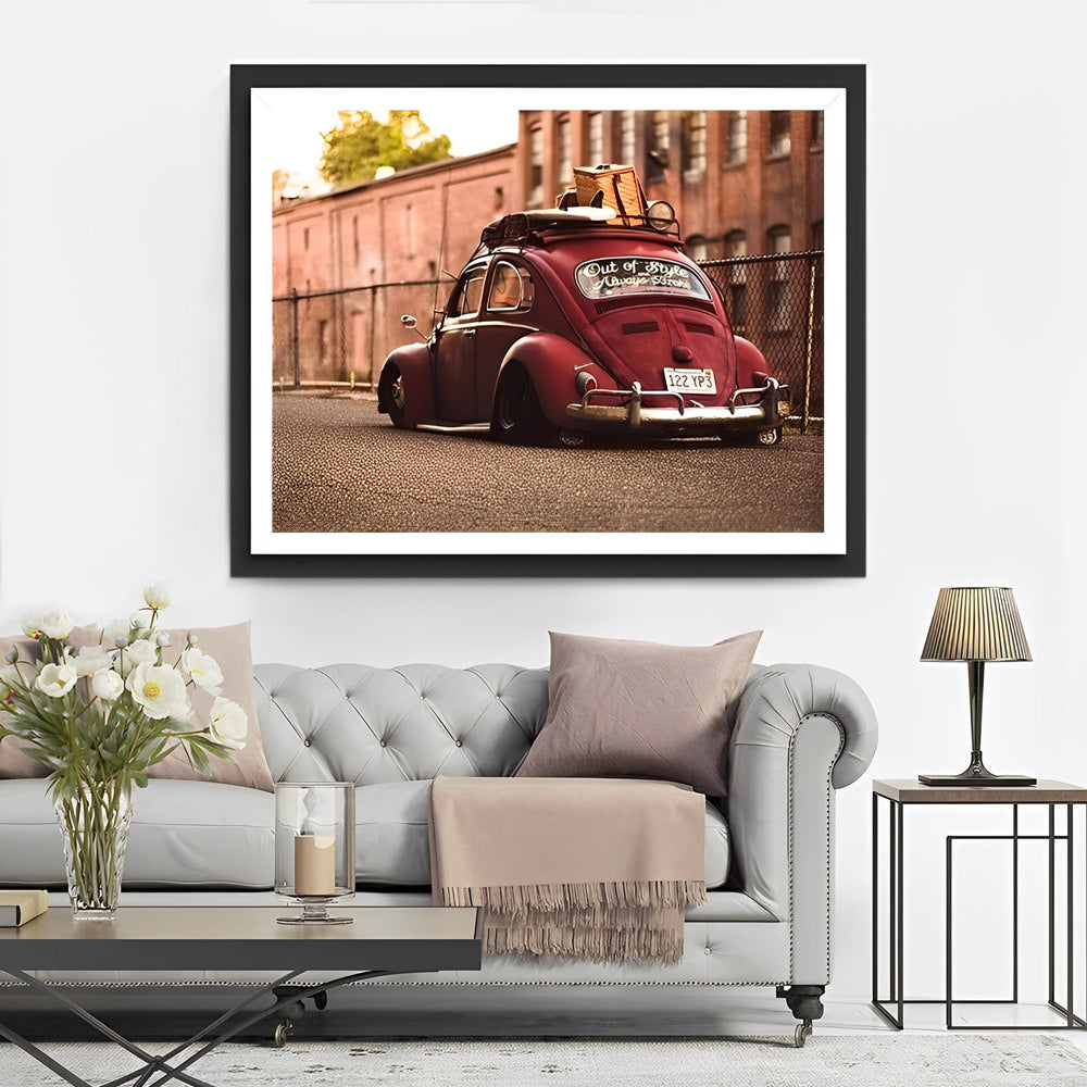 Oude Rode Auto met Bagagedrager in Stad Diamond Painting