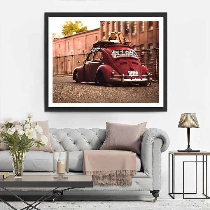 Oude Rode Auto met Bagagedrager in Stad Diamond Painting