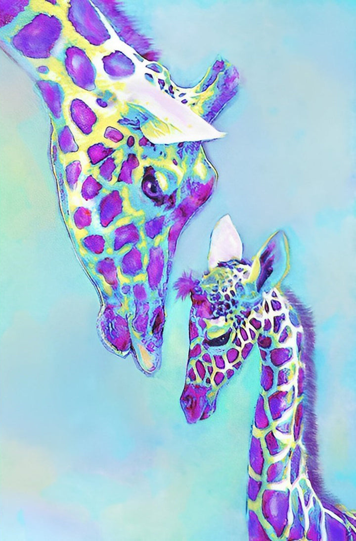 Paarse en Gele Giraffe Moeder en Kind Diamond Painting