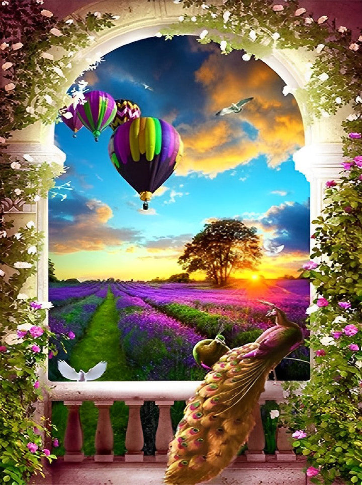 Pauw, Lavendel en Luchtballonnen Diamond Painting