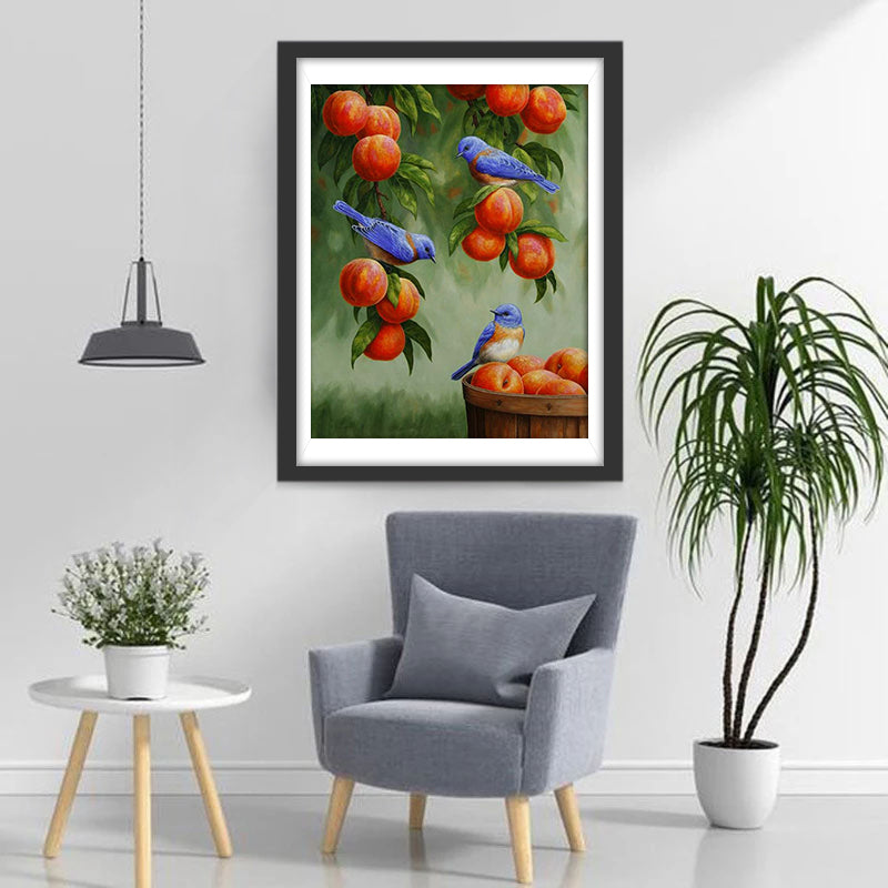 Perziken oogsten en Drie Vogels Diamond Painting