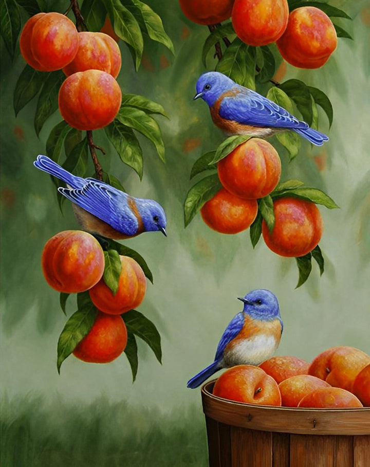 Perziken oogsten en Drie Vogels Diamond Painting