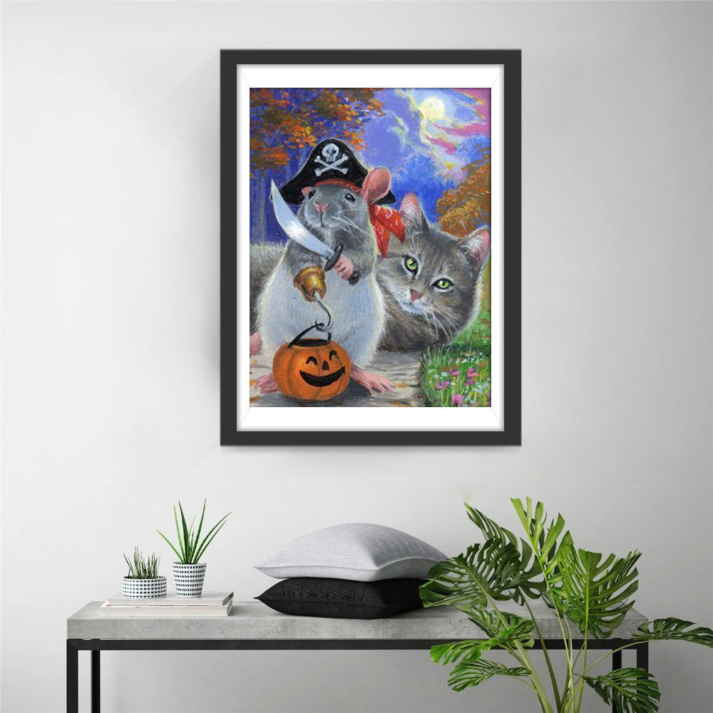 Piratenmuis en Kat bij Halloween Diamond Painting