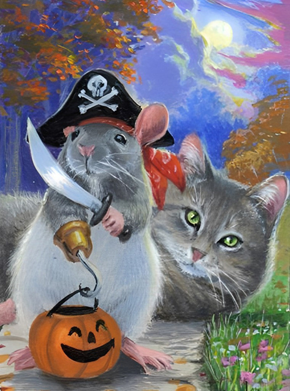 Piratenmuis en Kat bij Halloween Diamond Painting