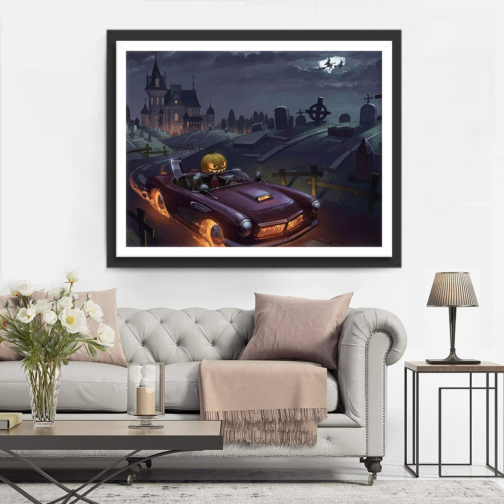 Pompoenhoofd in Auto door Griezelstad Diamond Painting