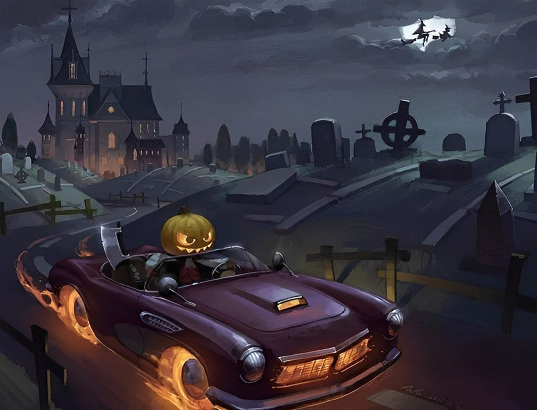 Pompoenhoofd in Auto door Griezelstad Diamond Painting