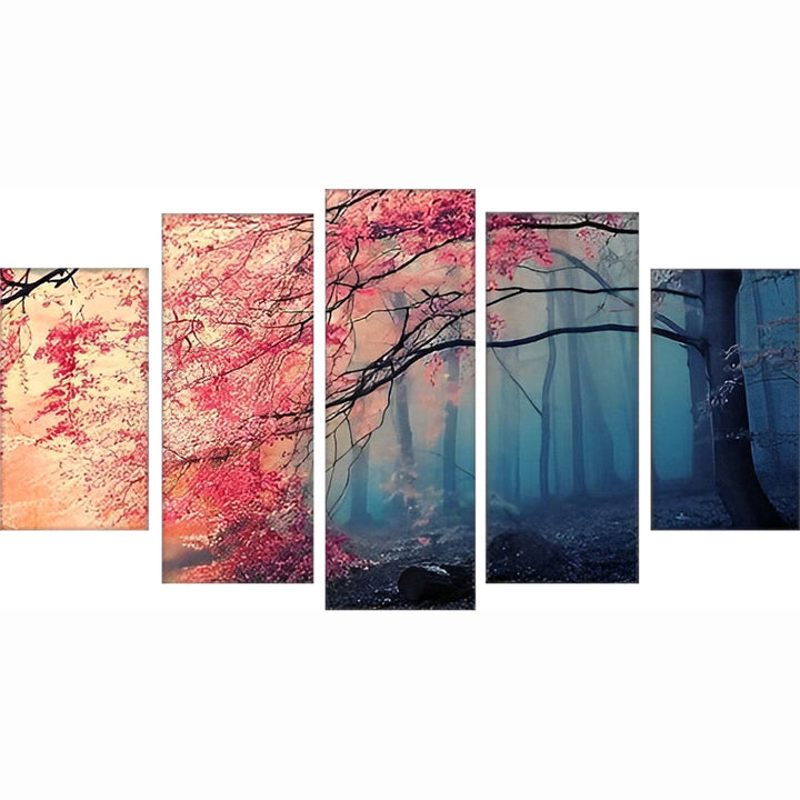 Prachtige Rode Bomen in het Mistige Woud 5 Platen Diamond Painting