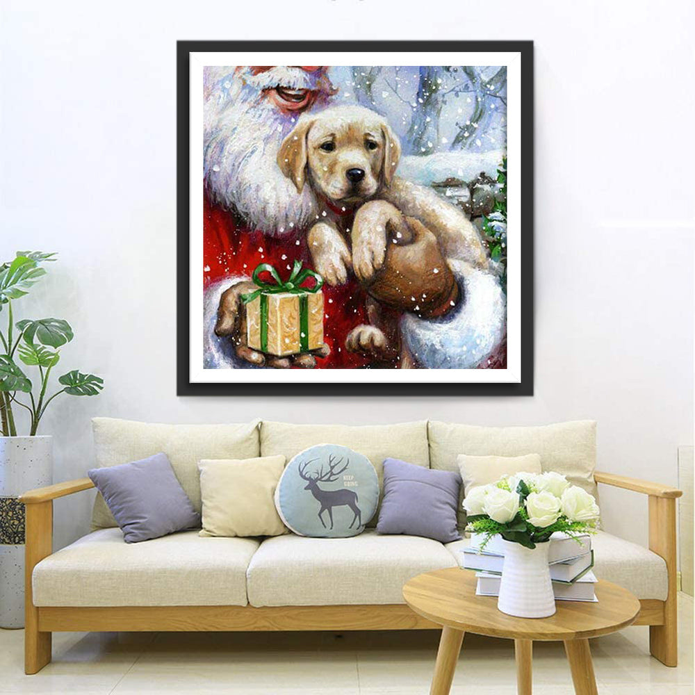 Puppy bij Kerstman met Geschenk Diamond Painting
