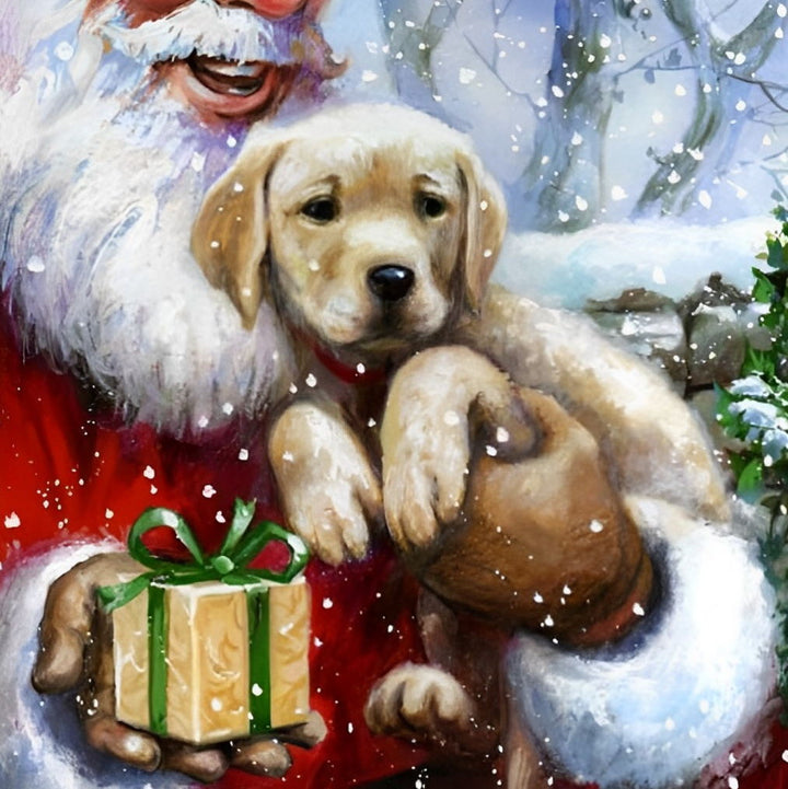 Puppy bij Kerstman met Geschenk Diamond Painting