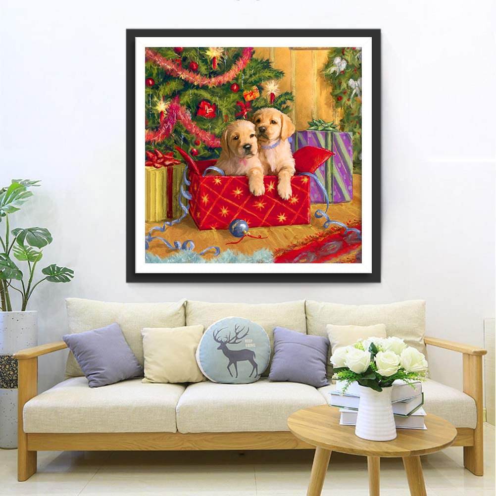 Puppy's in Kerstcadeau Diamond Painting