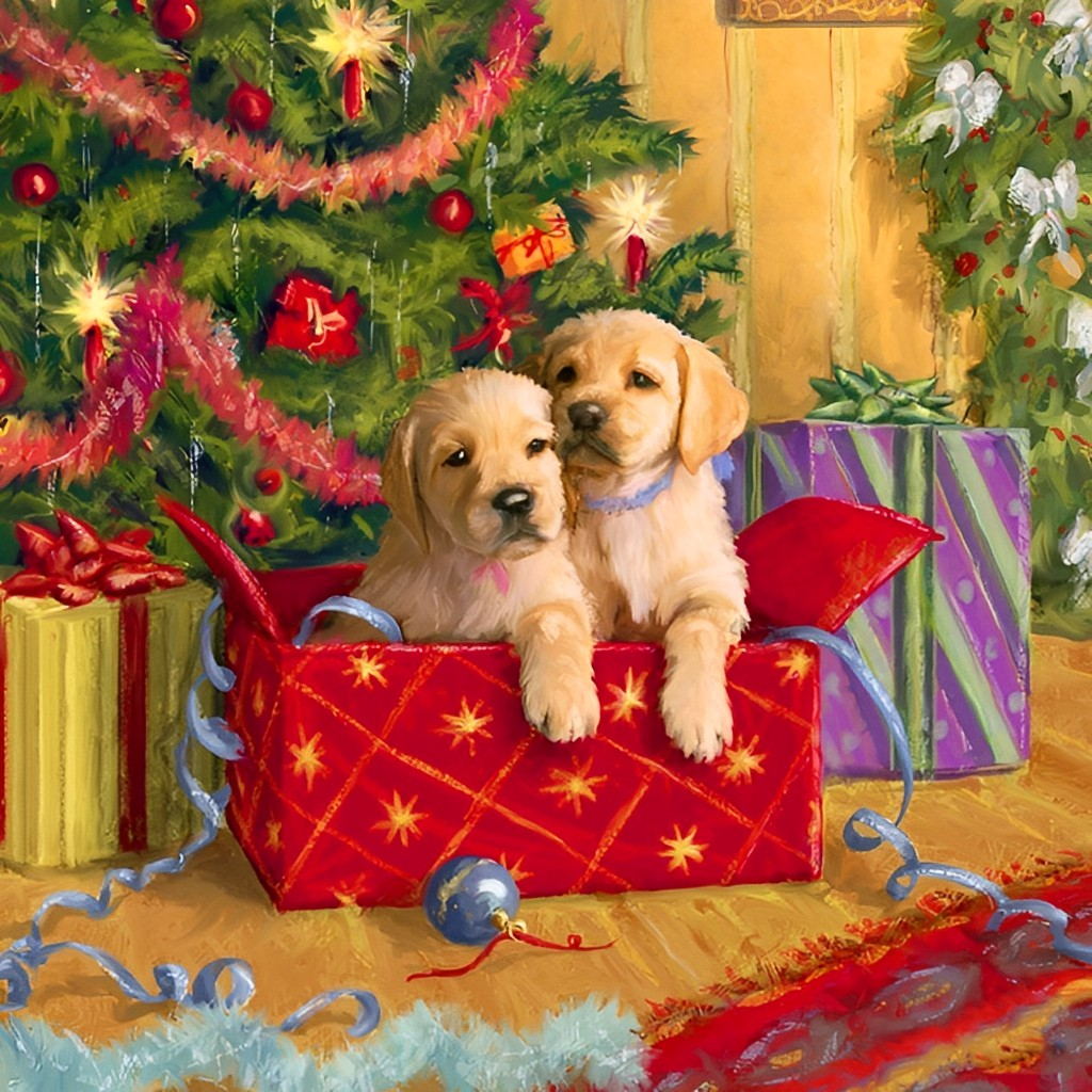 Puppy's in Kerstcadeau Diamond Painting