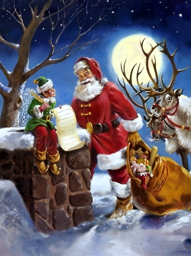 Rode Figuur met Elf en Rendier bij Maanlicht Diamond Painting