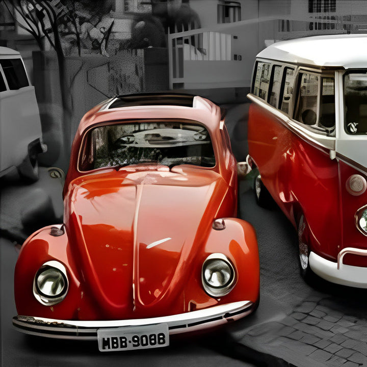 Rode Kever en Rood-Witte Bus Diamond Painting