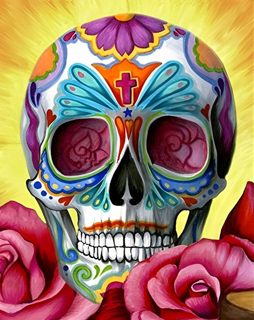 Rode Rozen om de Prachtig Versierde Schedel Diamond Painting