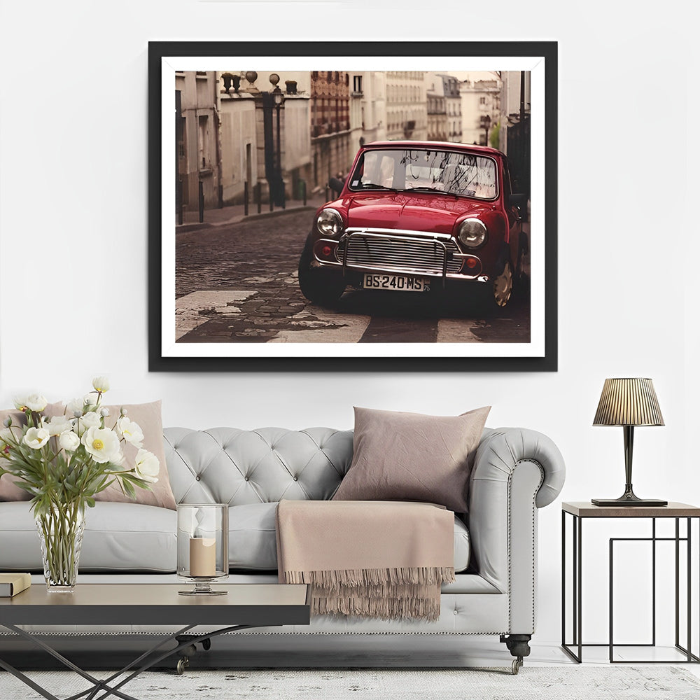 Rode Vintage Wagen in Stadswijk Diamond Painting