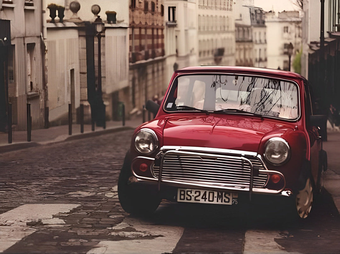 Rode Vintage Wagen in Stadswijk Diamond Painting