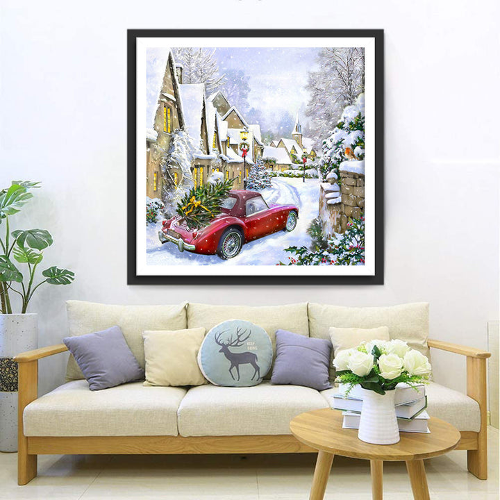 Rode Wagen in Sneeuwdorp Diamond Painting