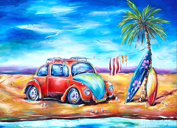 Rode Wagen met Surfboards Naast Palmboom aan Zee Diamond Painting