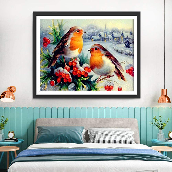 Rood Fruit en Vogels op een Besneeuwde Dag Diamond Painting