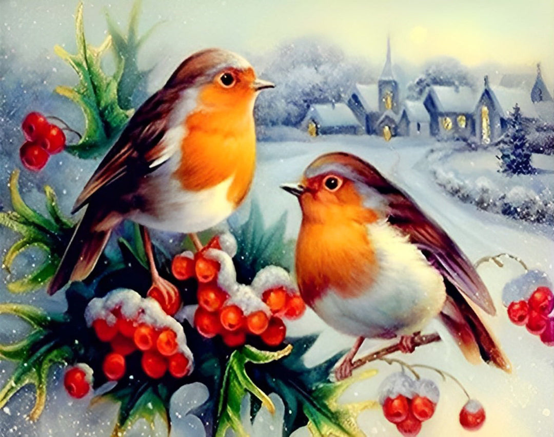 Rood Fruit en Vogels op een Besneeuwde Dag Diamond Painting