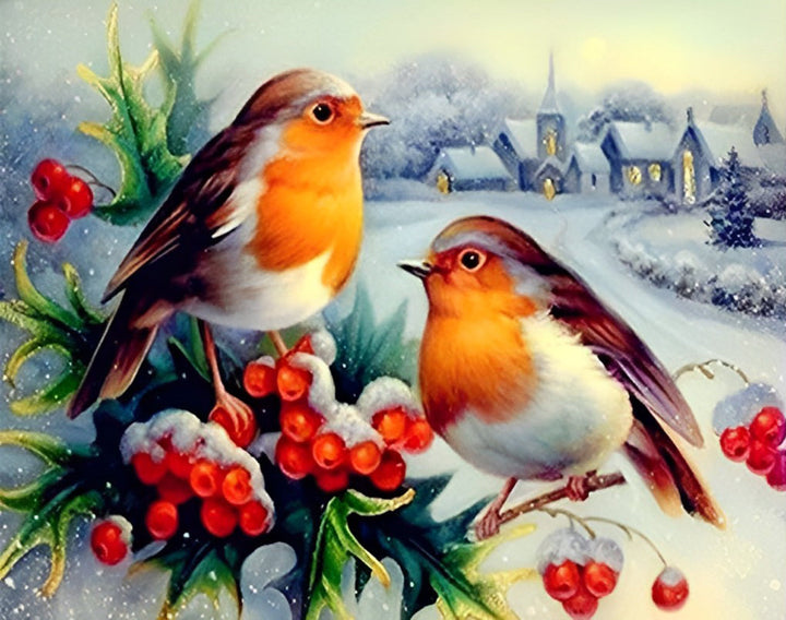 Rood Fruit en Vogels op een Besneeuwde Dag Diamond Painting