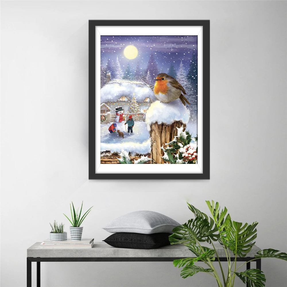 Roodborstje, Sneeuwpop en Kerstboom Diamond Painting