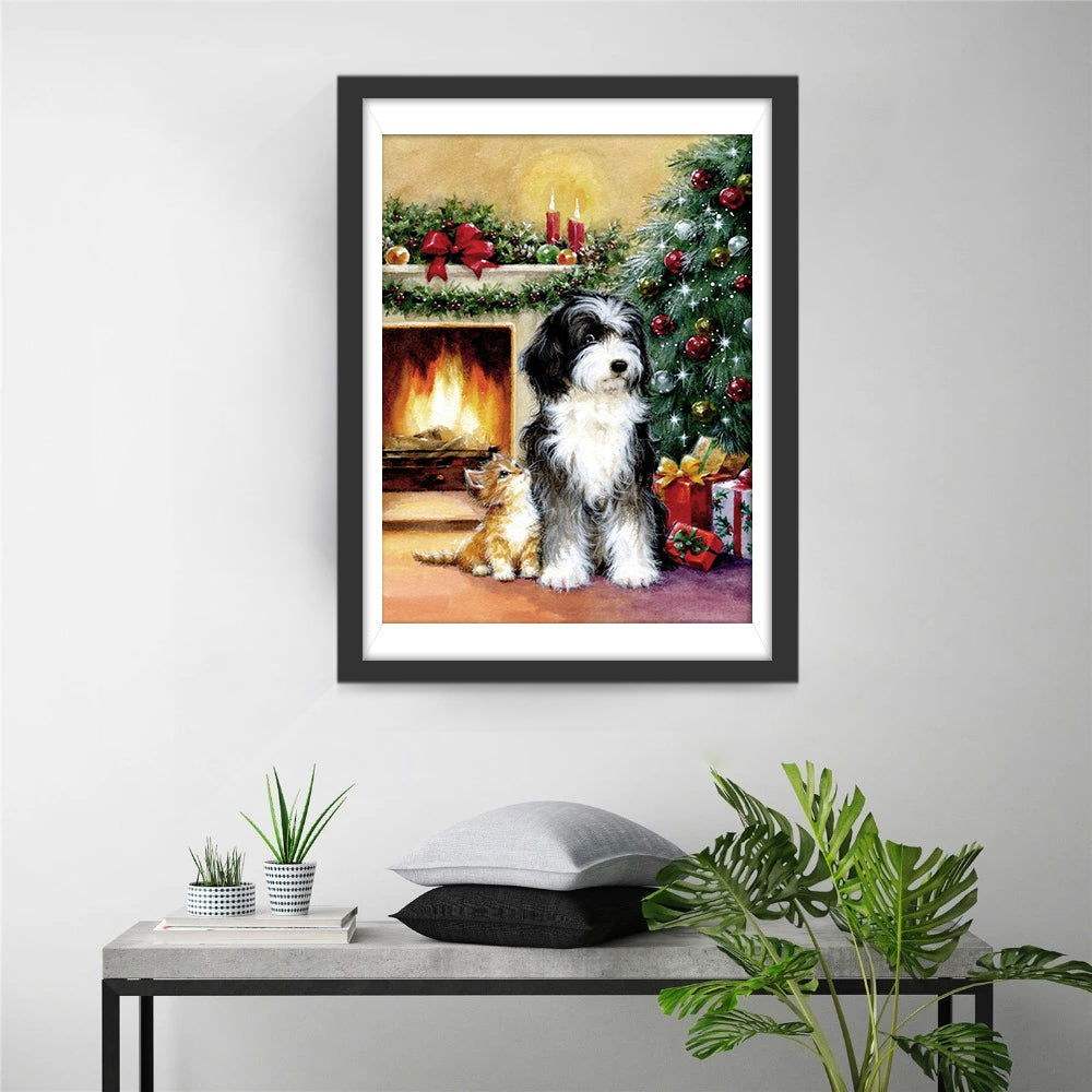 Rustige Kerstbeleving met Hond en Kat Diamond Painting