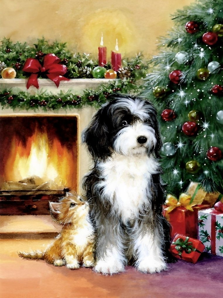 Rustige Kerstbeleving met Hond en Kat Diamond Painting