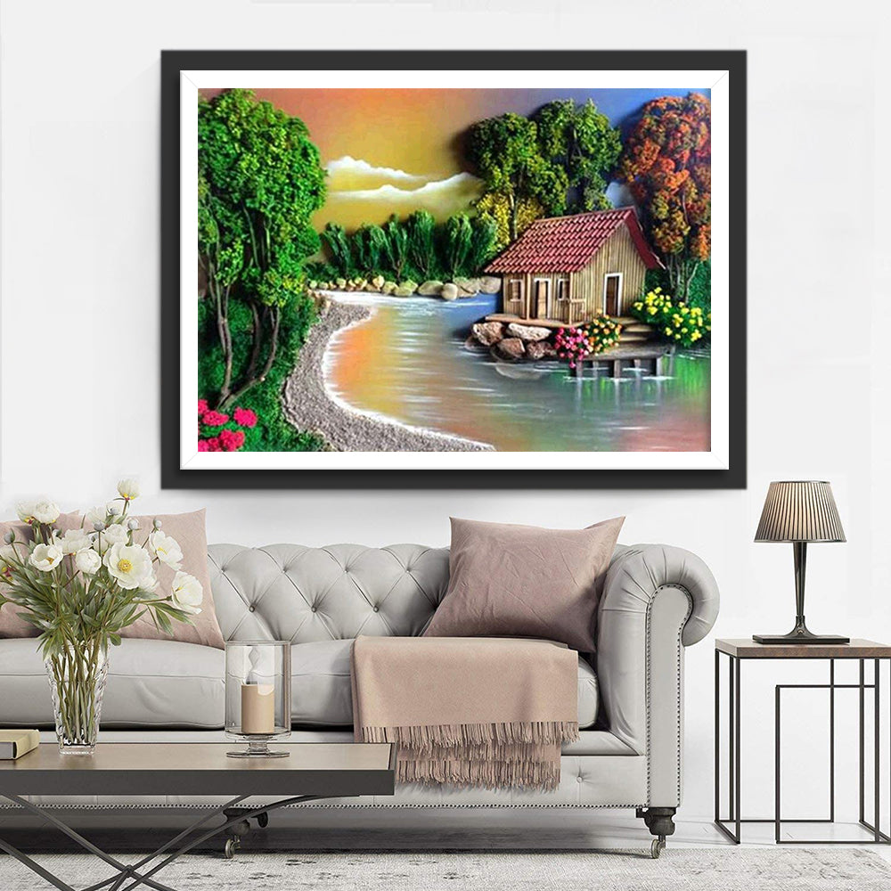 Rustige Plattelandsscène met Huis en Rivier Diamond Painting