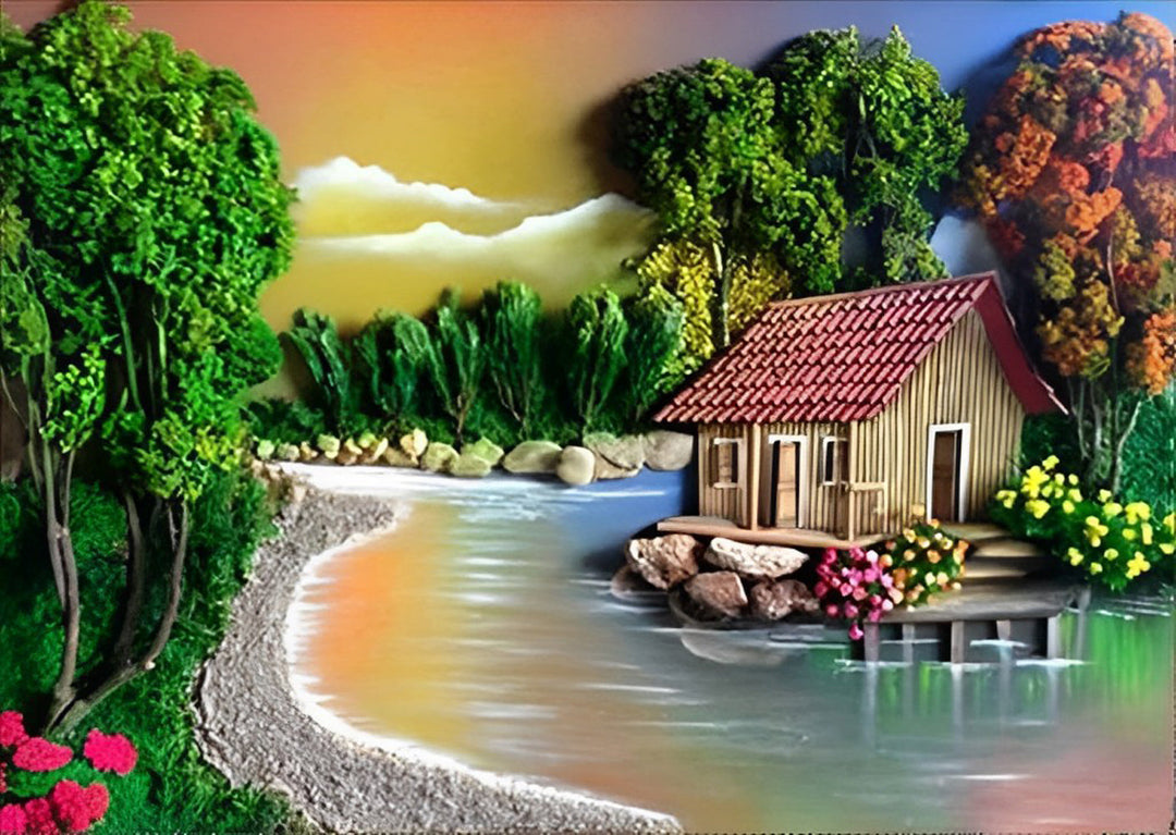 Rustige Plattelandsscène met Huis en Rivier Diamond Painting