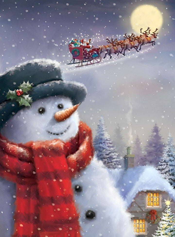 Rustige Winteravond met Sneeuwman en Kerstgebeuren Diamond Painting