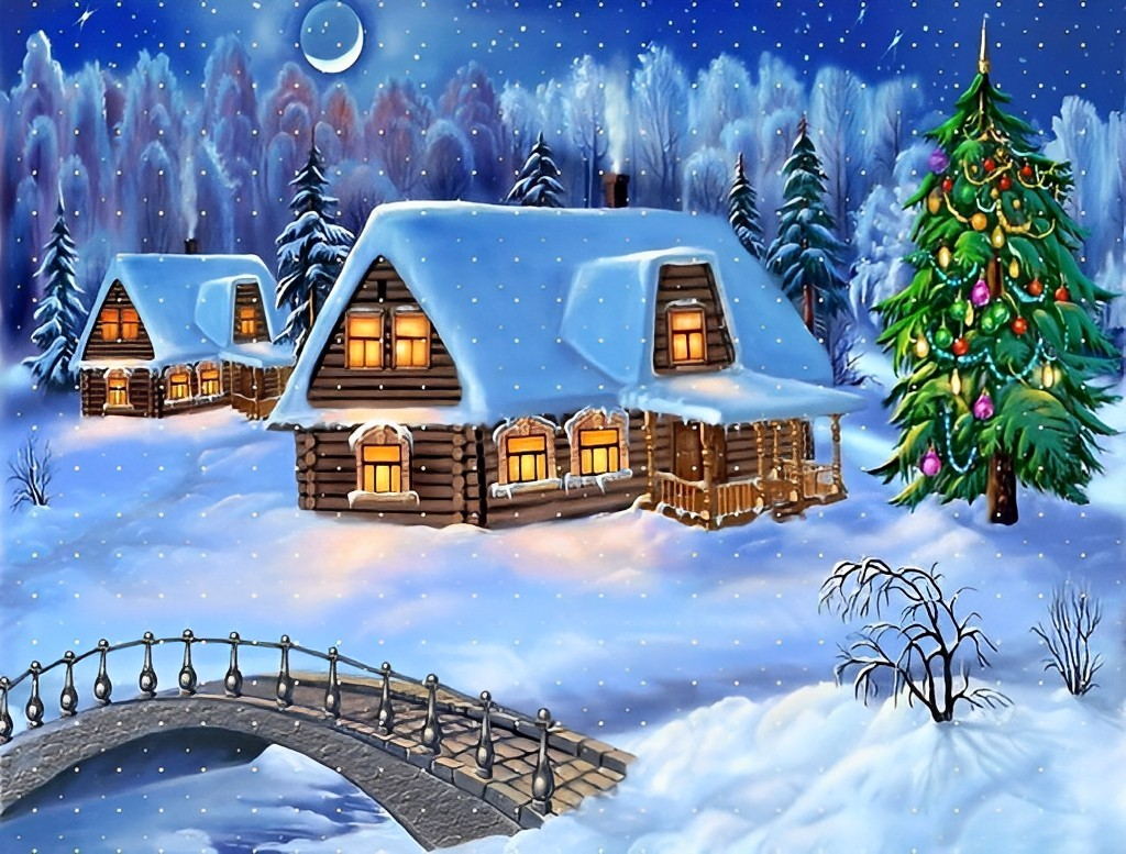 Rustige Winteridylle van een Gehucht Diamond Painting