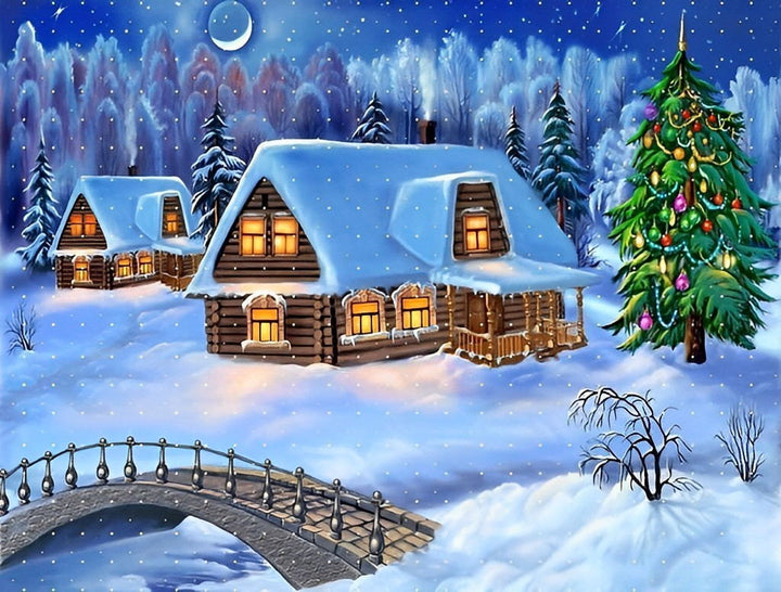 Rustige Winteridylle van een Gehucht Diamond Painting