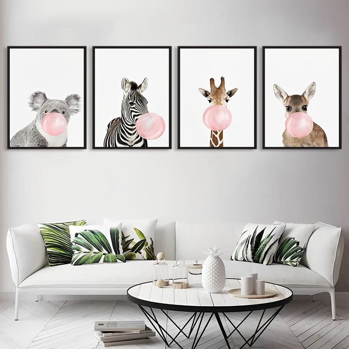 Schattige Dierenvriendjes met Kauwgombellen 4 Platen Diamond Painting