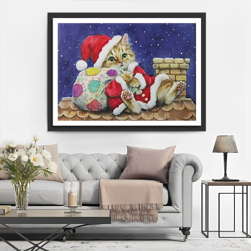 Schattige Kat als Kerstman in de Schoorsteen Diamond Painting