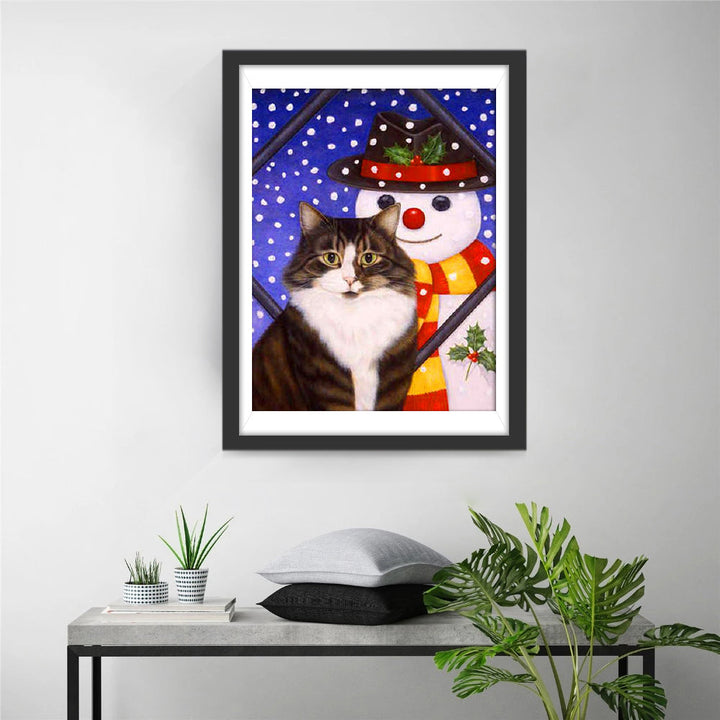 Schattige Kerstontmoeting van Kat en Sneeuwpop Diamond Painting