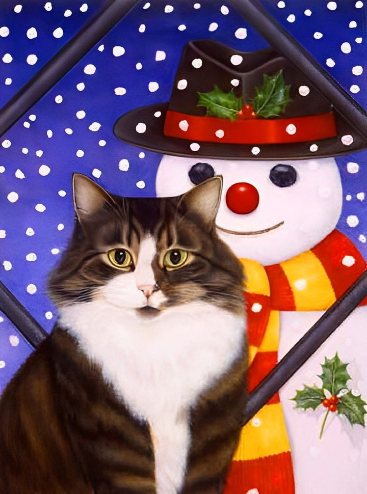 Schattige Kerstontmoeting van Kat en Sneeuwpop Diamond Painting