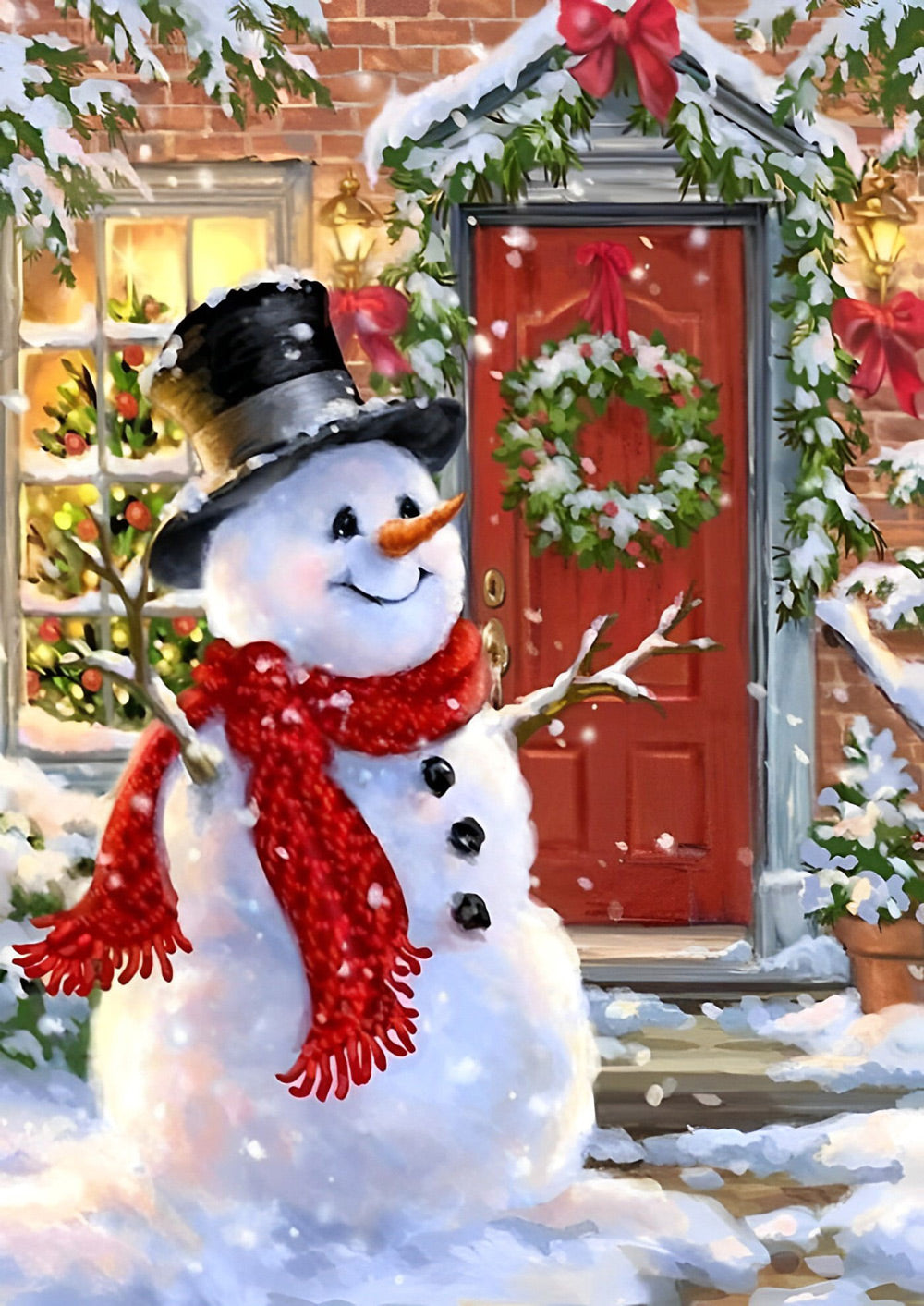 Schattige Sneeuwpop met Felrode Sjaal voor Gevierde Deur Diamond Painting