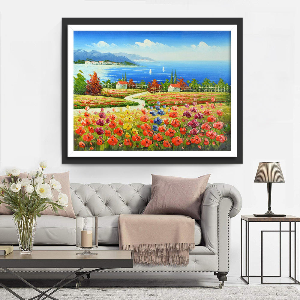 Schilderachtige Kust met Kleurrijke Bloemen en Zee Diamond Painting