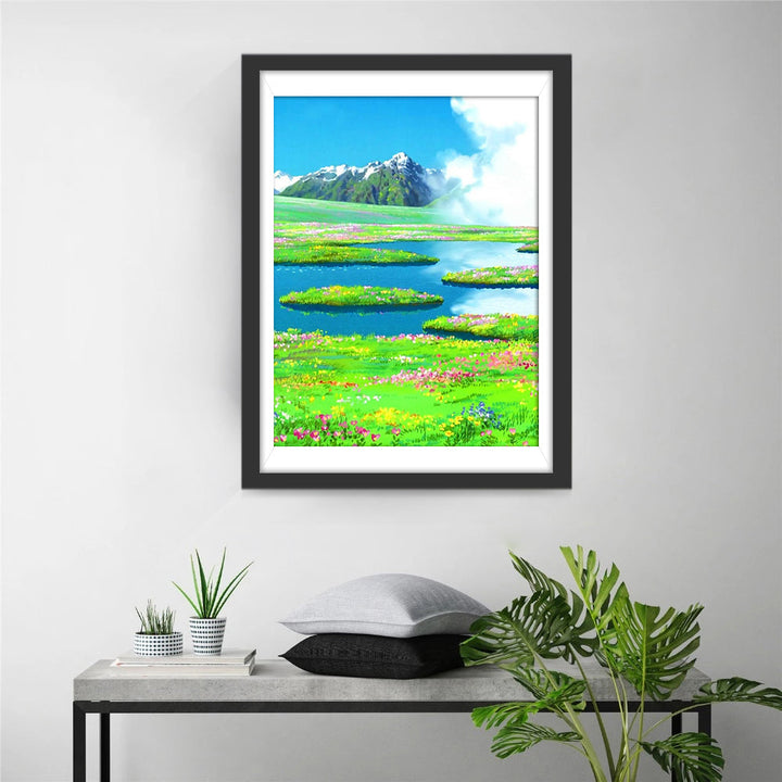 Schitterend Alpenweidebeeld met Bloemen Diamond Painting