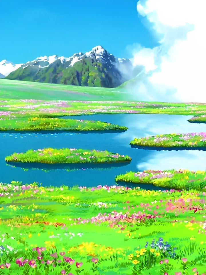 Schitterend Alpenweidebeeld met Bloemen Diamond Painting