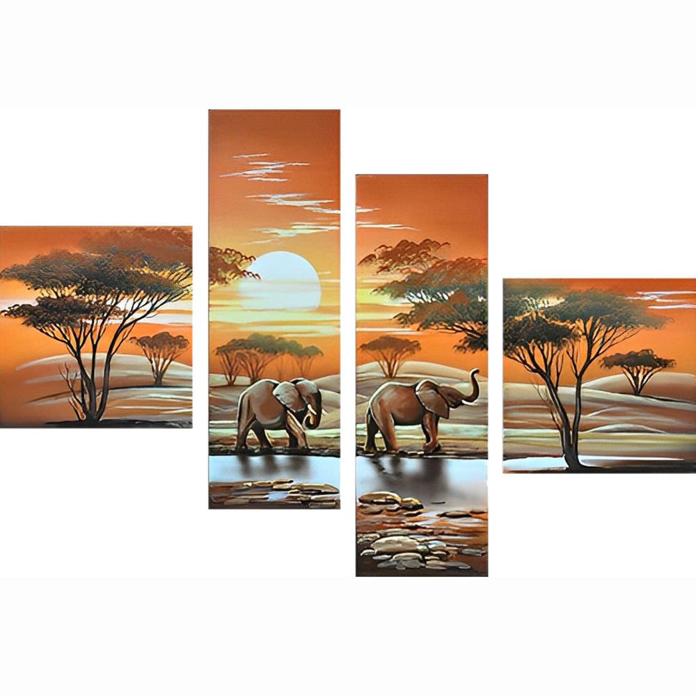 Schitterend Zonsondergangtafereel met Olifanten 4 Platen Diamond Painting