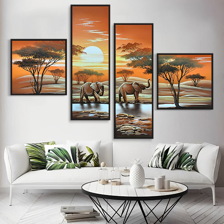 Schitterend Zonsondergangtafereel met Olifanten 4 Platen Diamond Painting
