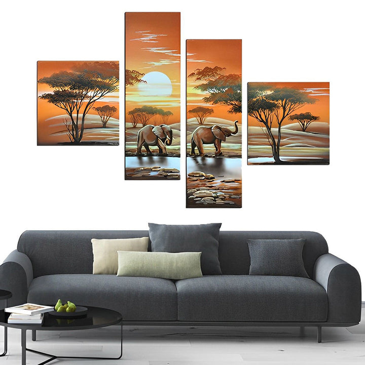 Schitterend Zonsondergangtafereel met Olifanten 4 Platen Diamond Painting