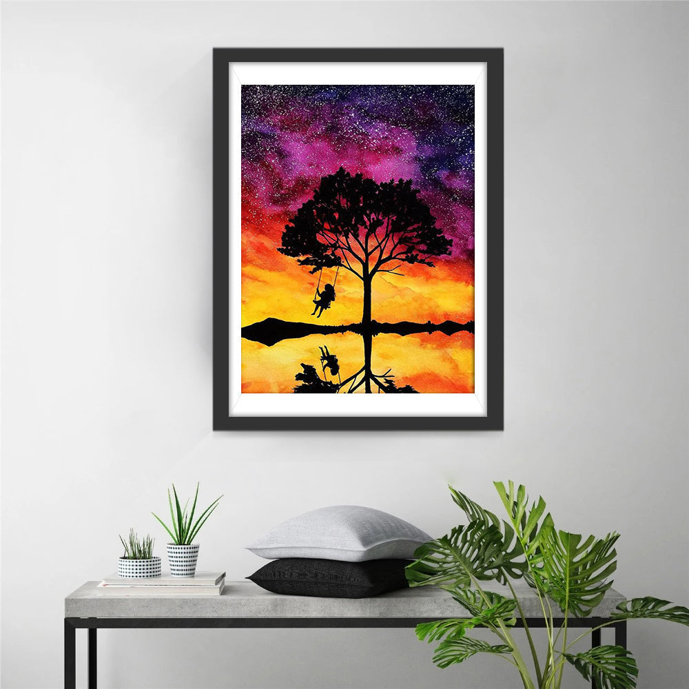 Schommelend Kind onder Een Sterrenhemel Diamond Painting