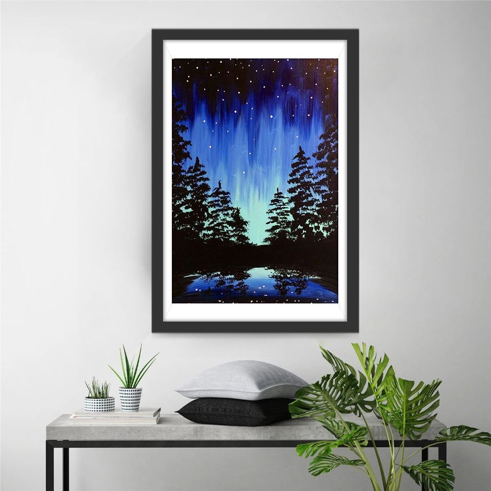 Sereen Sterrenhemelgezicht met Aurora en Naaldboombossen Diamond Painting
